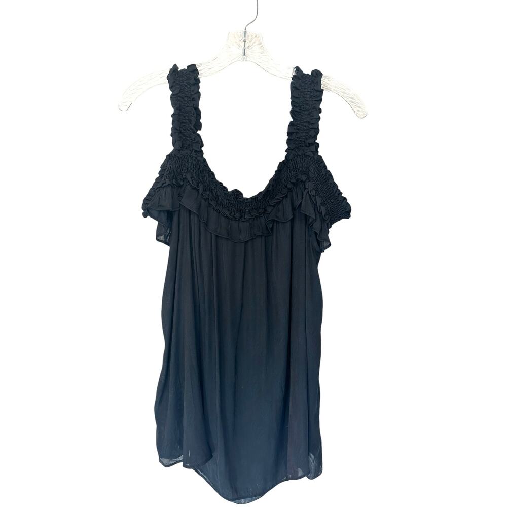 Anthropologie Black Ruffle Shoulder Cut Out Lightweight Semi Sheer Top Size XL‎